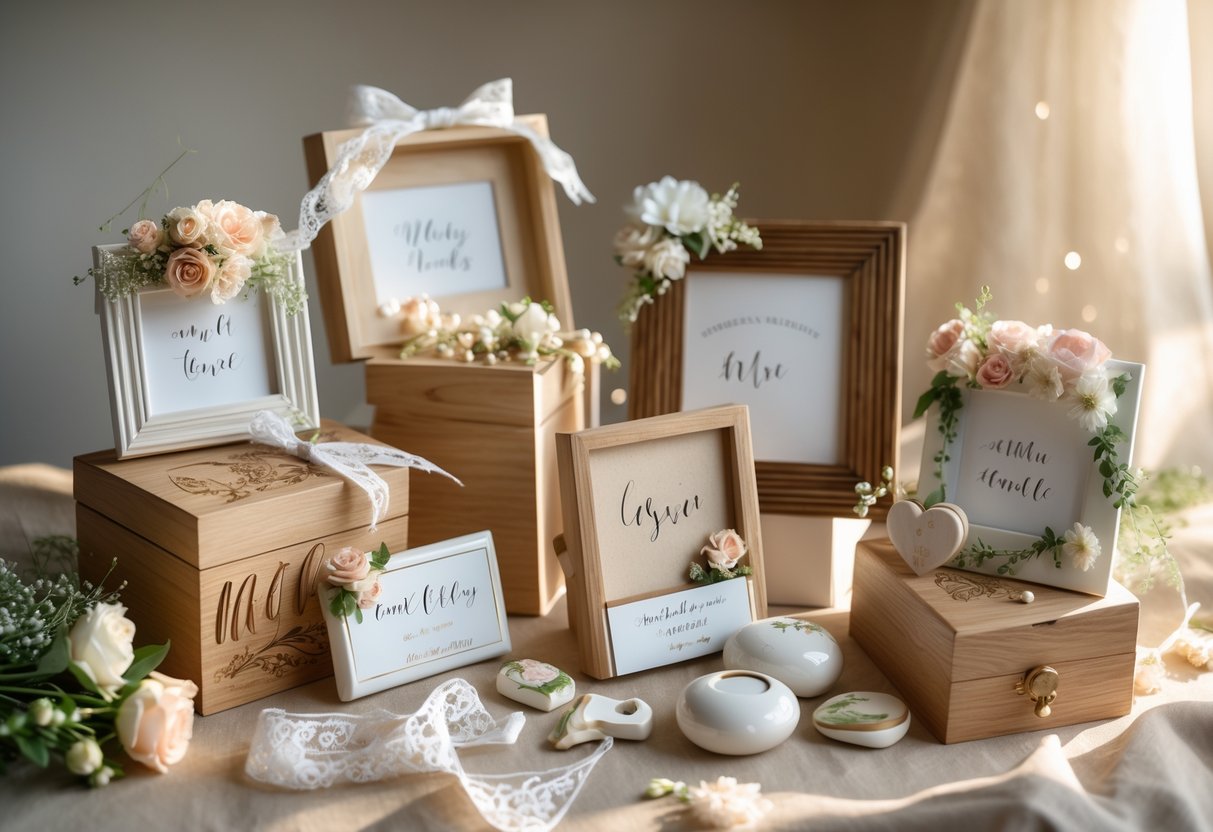 A collection of personalized wedding keepsakes including engraved wooden boxes, custom photo frames, and hand-painted ornaments decorated with flowers on a softly lit surface.