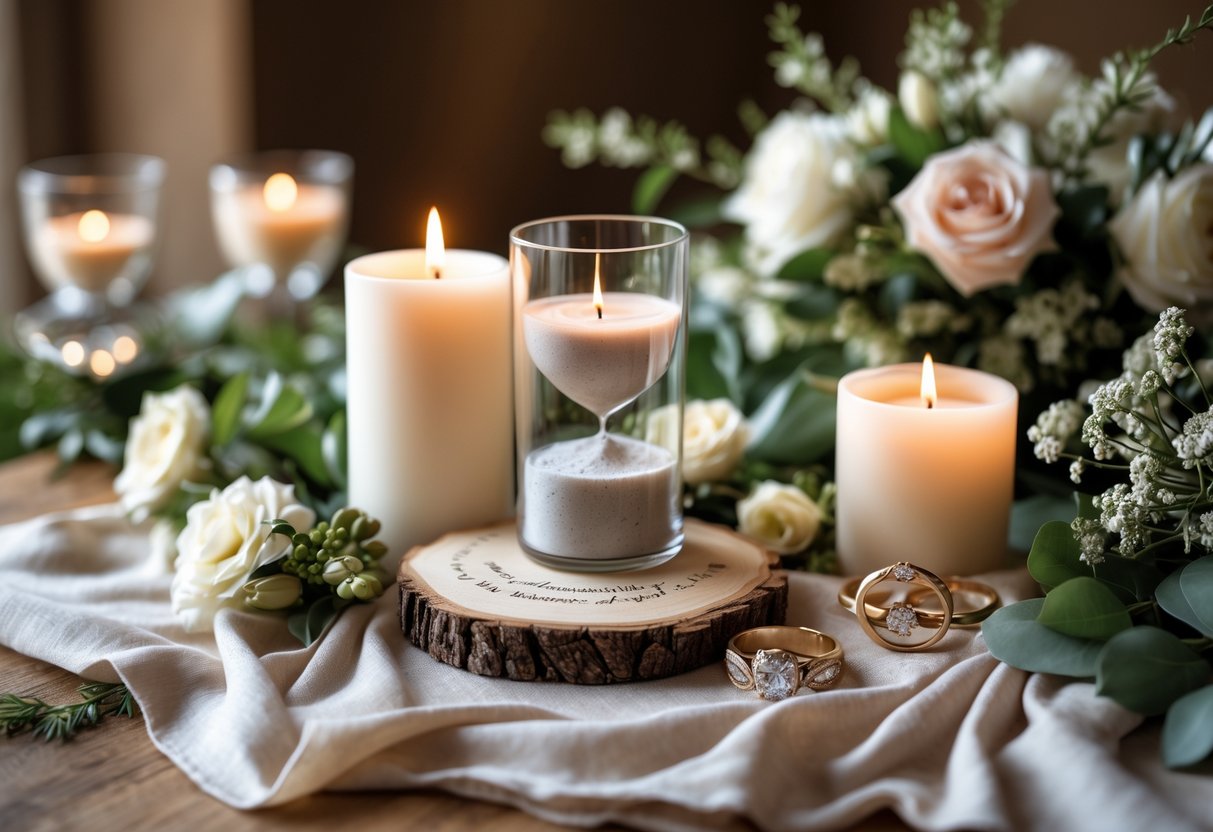 A table displaying unity ceremony keepsakes including intertwined candles, sand ceremony vessels, and rings surrounded by flowers and greenery.