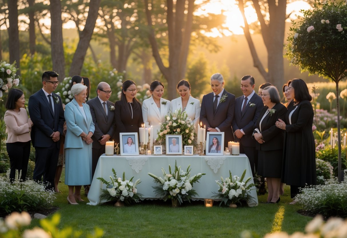 People gathered outdoors around a table with photos, flowers, and candles, honoring loved ones in a peaceful memorial ceremony.