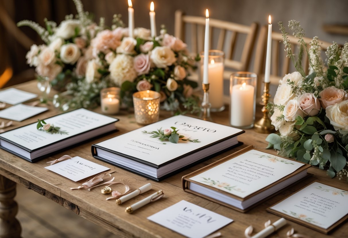 A wedding ceremony table with guestbooks, personalized cards, pens, and floral decorations inviting guests to participate.