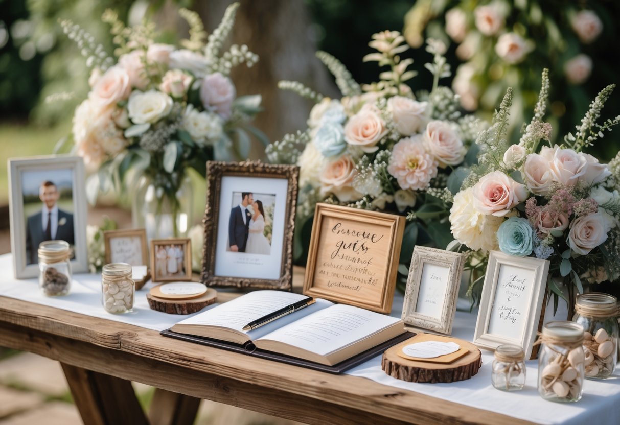 A wedding keepsake display with flowers, photo frames, a guest book, and handcrafted mementos on a wooden table in a garden setting.