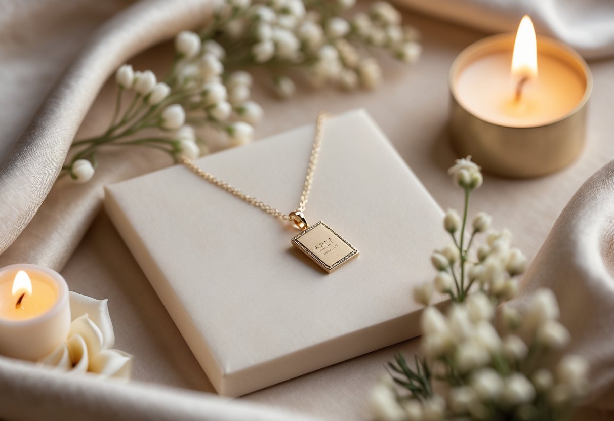 A delicate necklace with a small card-shaped pendant displayed with flowers and soft fabrics on a neutral background.