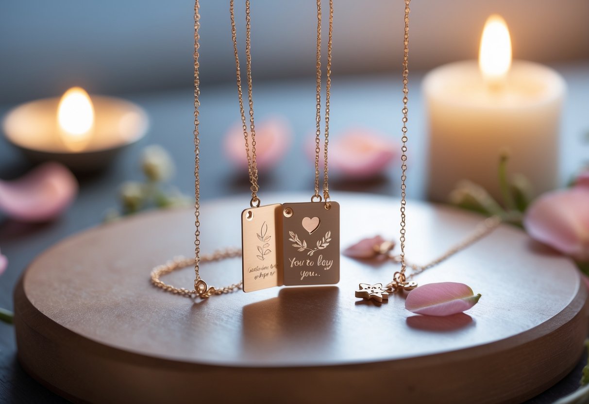 Close-up of delicate jewelry with small engraved message cards displayed with flower petals and a lit candle on a wooden surface.