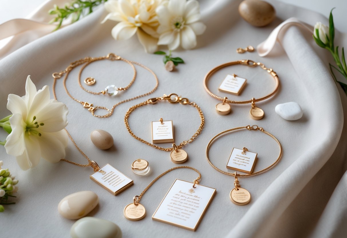 A collection of elegant jewelry pieces with small message cards displayed on soft fabric, surrounded by flowers and decorative elements.