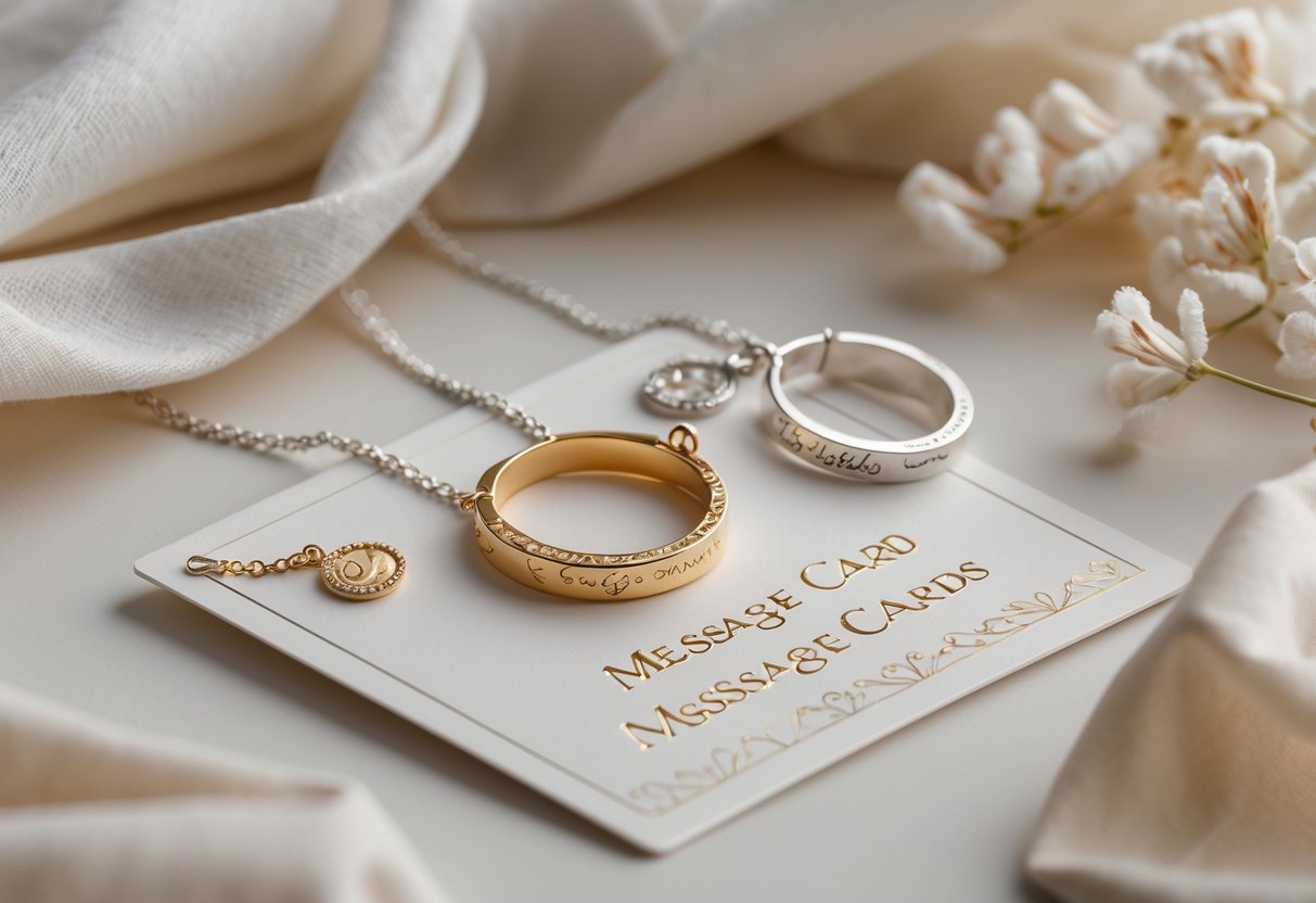 Close-up of elegant handcrafted jewelry pieces designed as message cards on a neutral background.