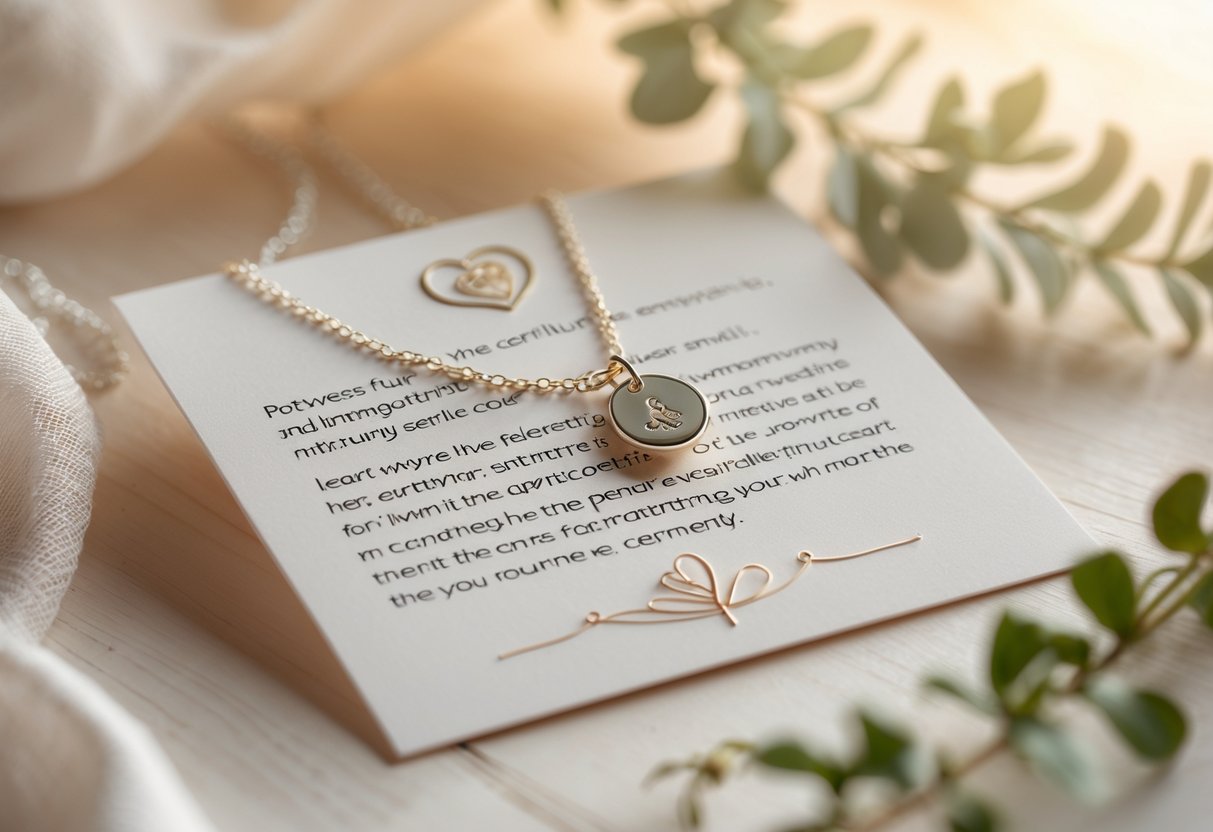 An open message card next to a delicate piece of symbolic jewelry on a wooden surface with soft natural elements around them.