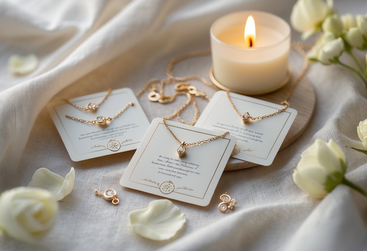 Close-up of elegant jewelry pieces with accompanying decorative cards and ceremonial elements arranged on a soft fabric background.