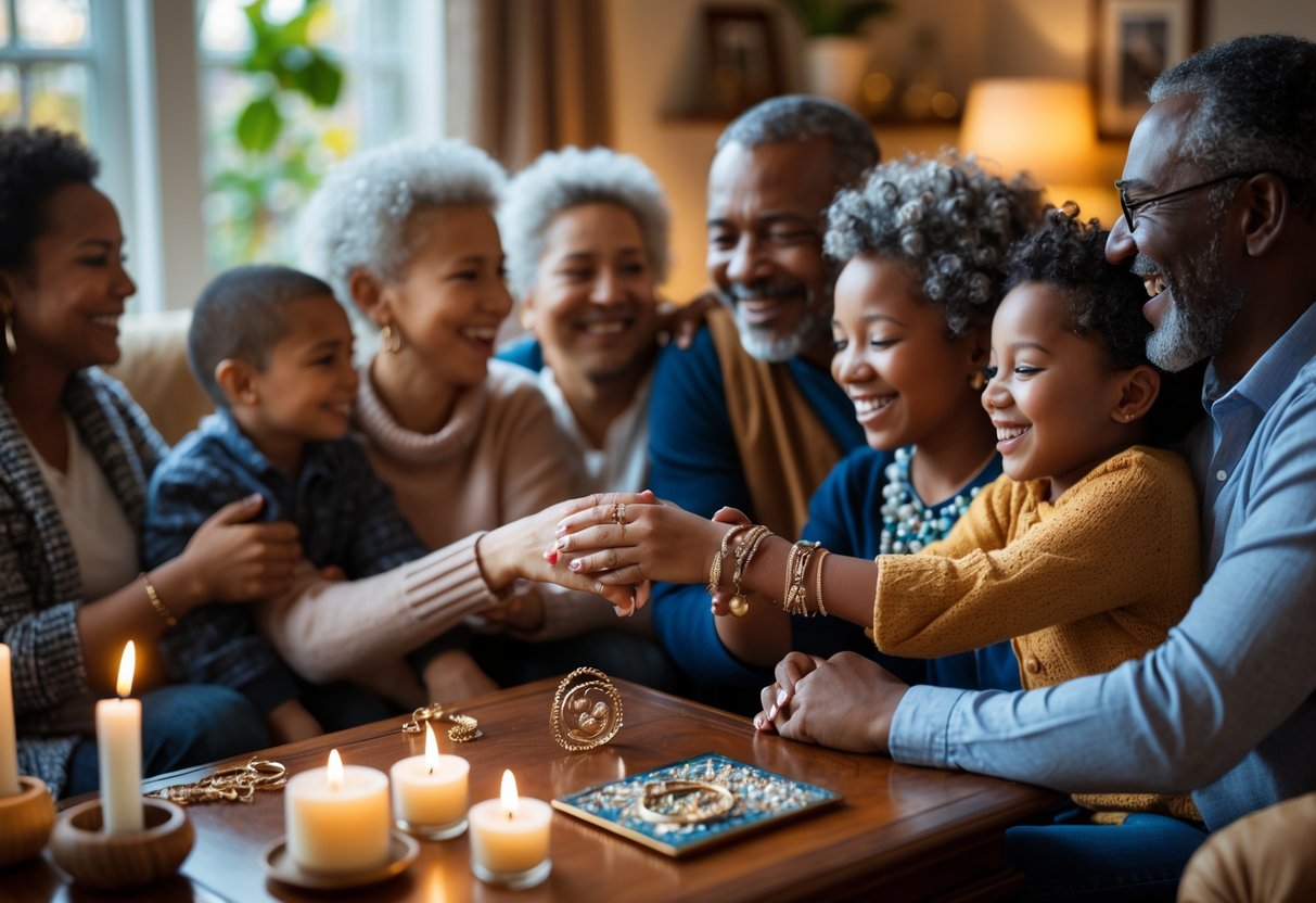 A diverse family and community gathered around a table with a symbolic piece of jewelry, sharing joyful and warm moments together.