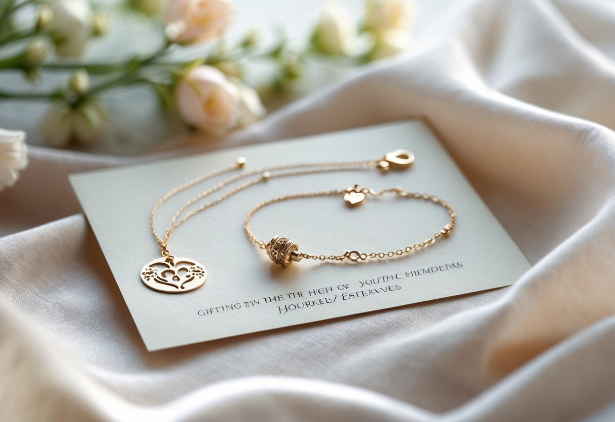 A close-up of a message card next to a delicate piece of jewelry on soft fabric, symbolizing a meaningful gift for a special ceremony.