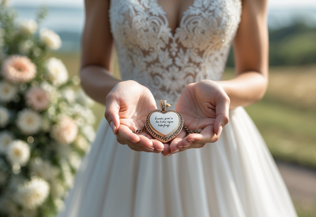 Close-up of a bride's hands holding a heart-shaped pendant at an outdoor wedding.