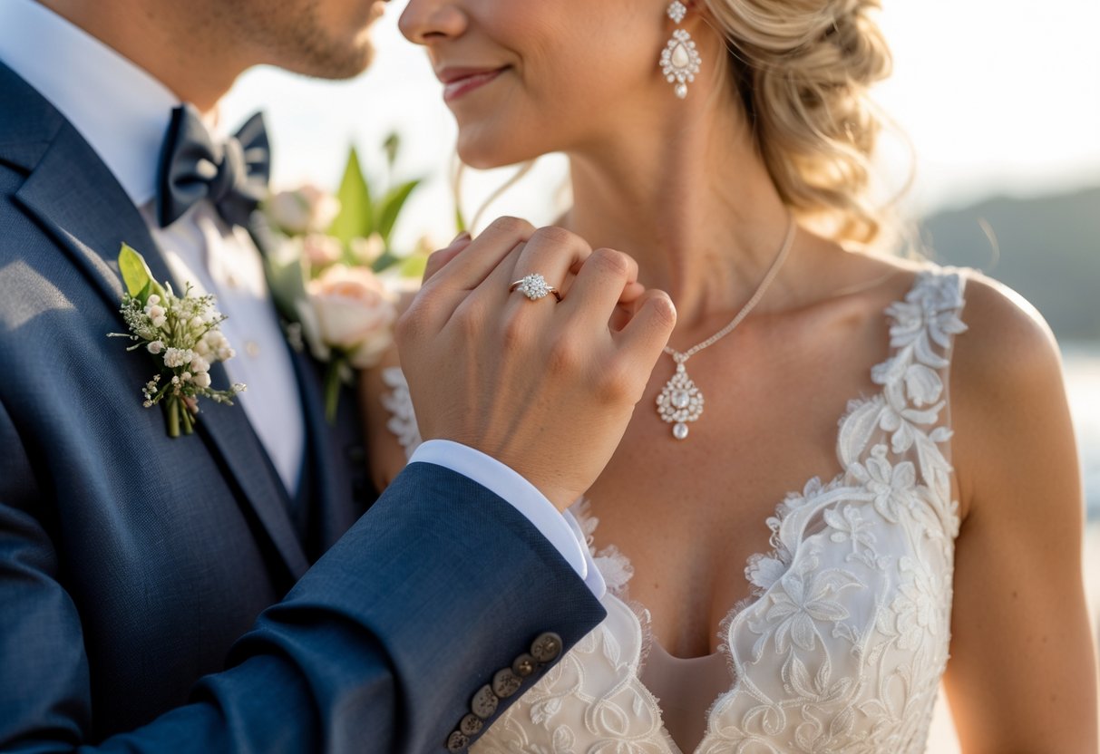 Bride and groom holding hands outdoors at a destination wedding, the bride wearing meaningful jewelry.