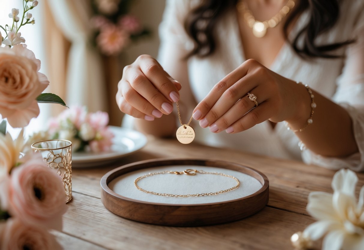 A woman holding a delicate necklace while choosing personalized jewelry on a wooden table with soft floral decorations in the background.