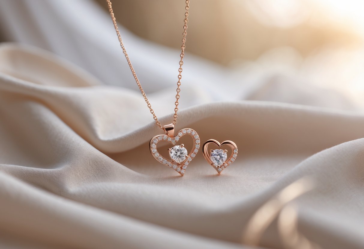 Close-up of heart-shaped jewelry on soft fabric with a blurred wedding scene in the background.