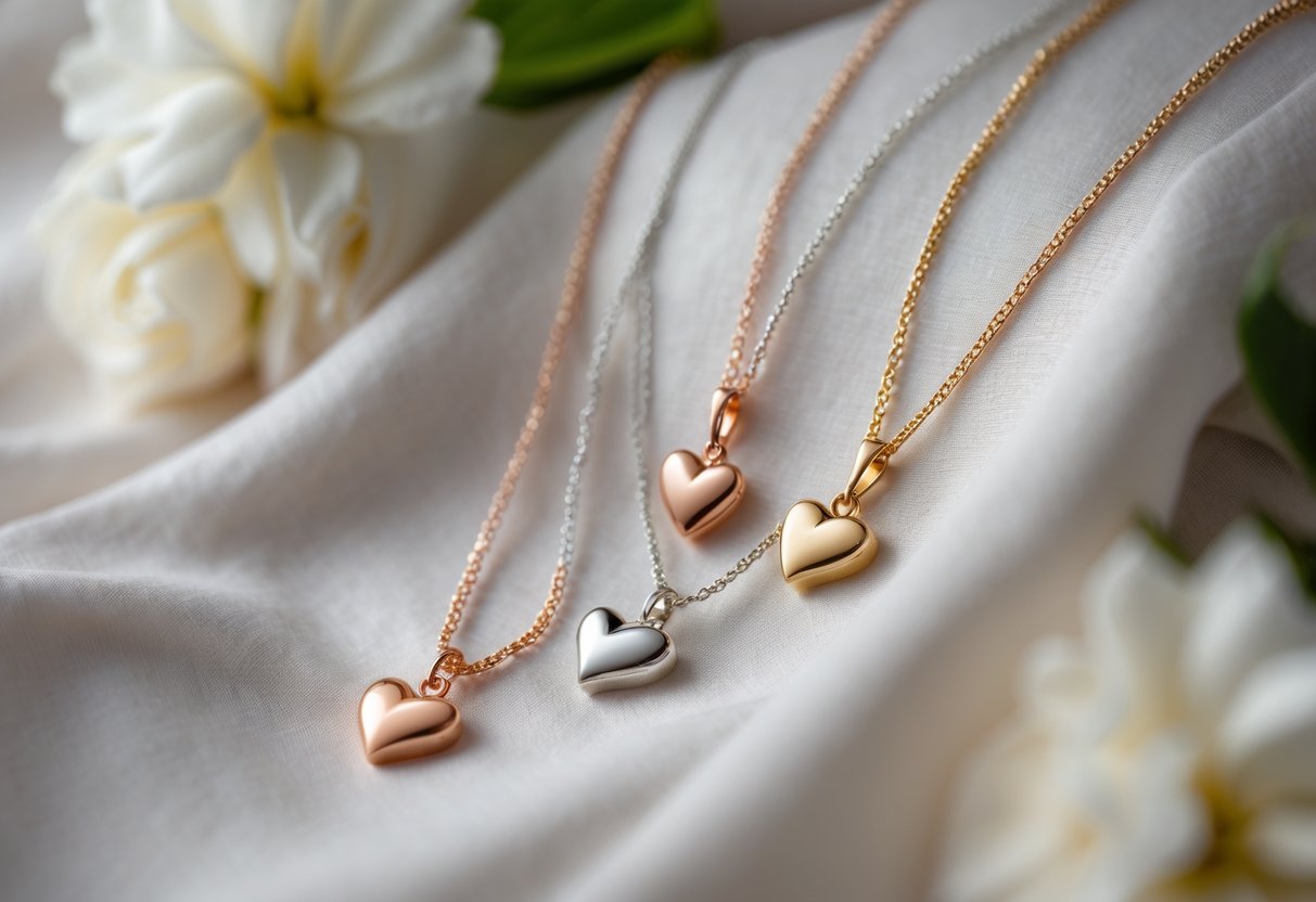 Close-up of several heart-shaped pendant necklaces arranged on soft fabric with subtle floral accents.