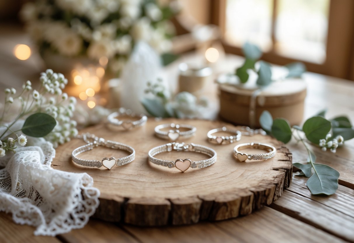 A display of delicate heart-themed jewelry on a wooden table with lace and flowers, set in a warm and cozy environment.