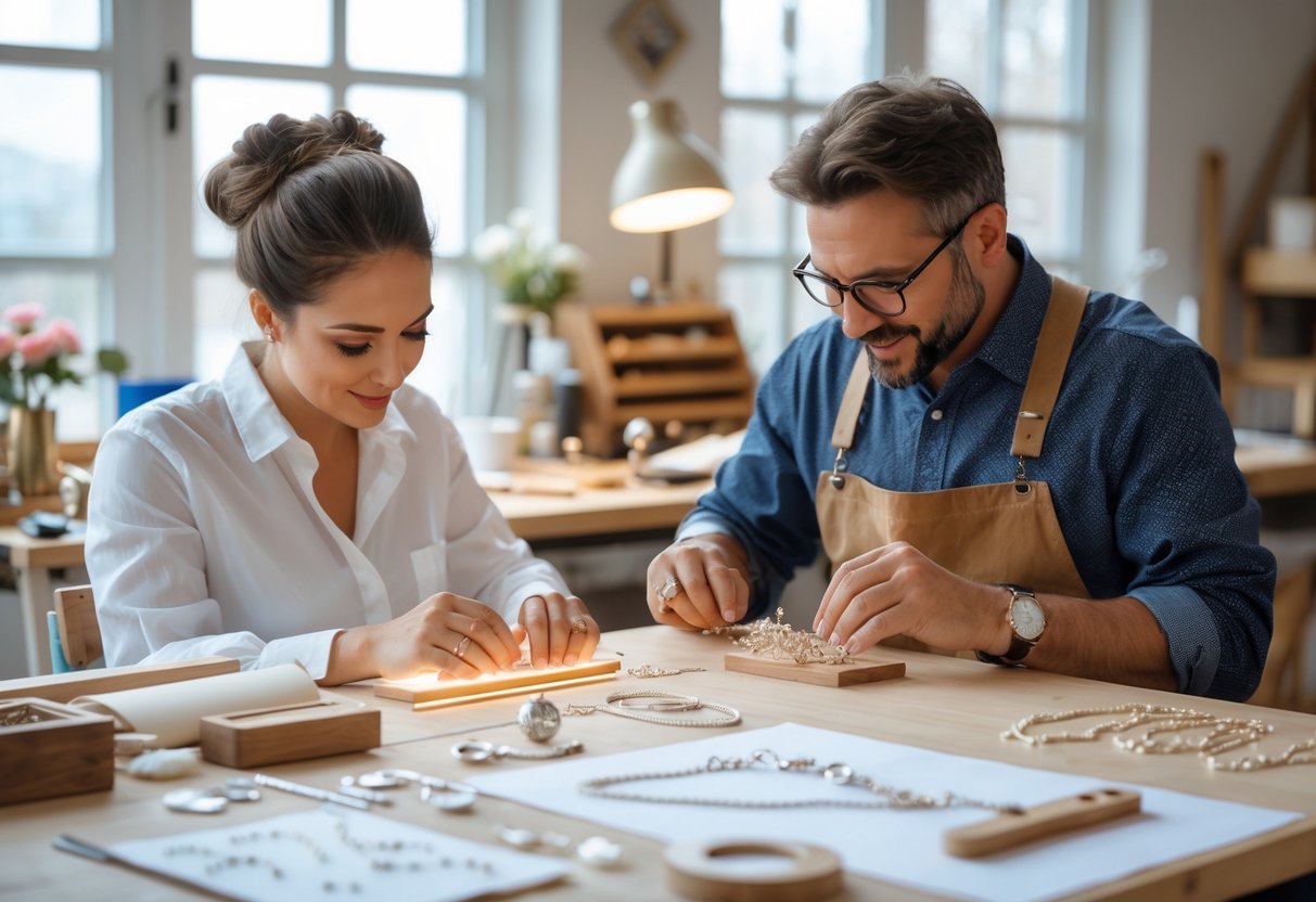 A jewelry designer and artisan working together on a delicate wedding jewelry piece in a bright studio filled with tools and materials.
