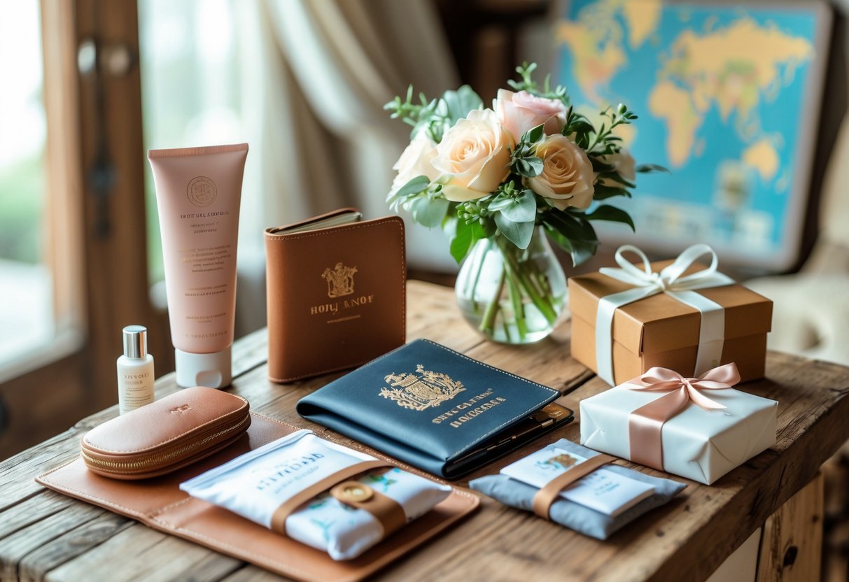 A collection of travel-themed bride gifts on a wooden table including skincare items, a leather passport holder, an eye mask, a photo album, flowers, and a wrapped gift box.