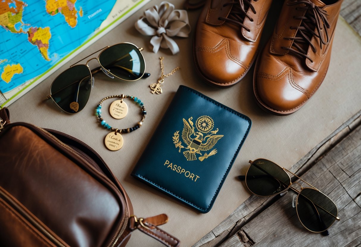 Flat lay of personalized travel accessories including a passport holder, luggage tag, charm bracelet, and toiletry bag arranged on a wooden surface with a world map and sunglasses.