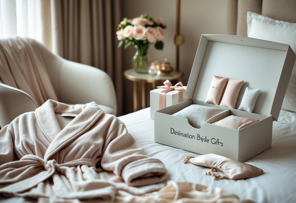 A cozy bedroom scene with a soft robe on a chair, a gift box with fabric items, and travel accessories arranged on a bed.