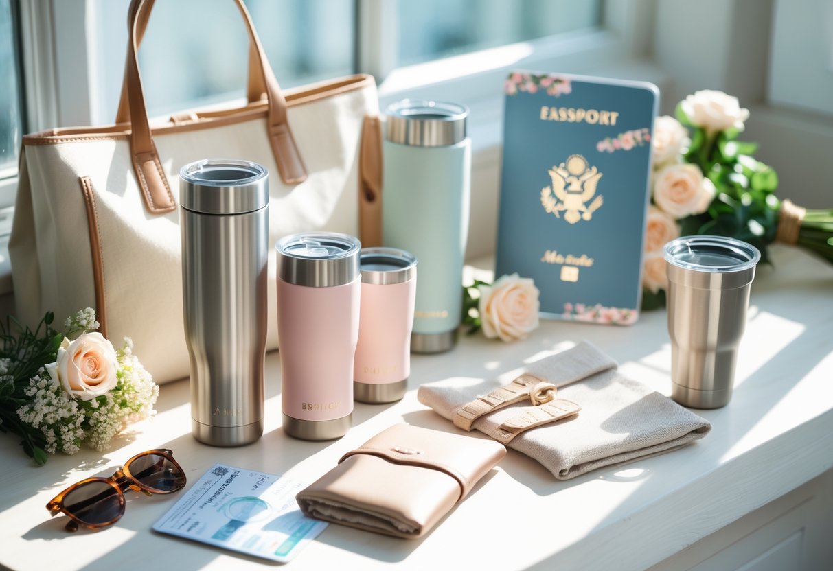 A collection of tumblers, tote bags, and travel drinkware arranged with flowers, sunglasses, and travel items on a wooden surface near a sunlit window.