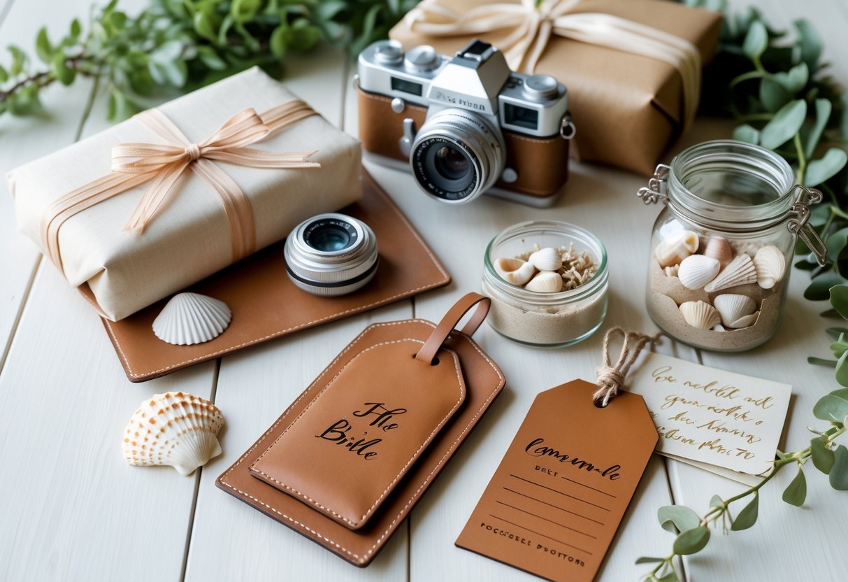 A flat lay of travel-themed bride gifts including a journal, camera, seashell jar, luggage tag, and postcards on a wooden surface with greenery.