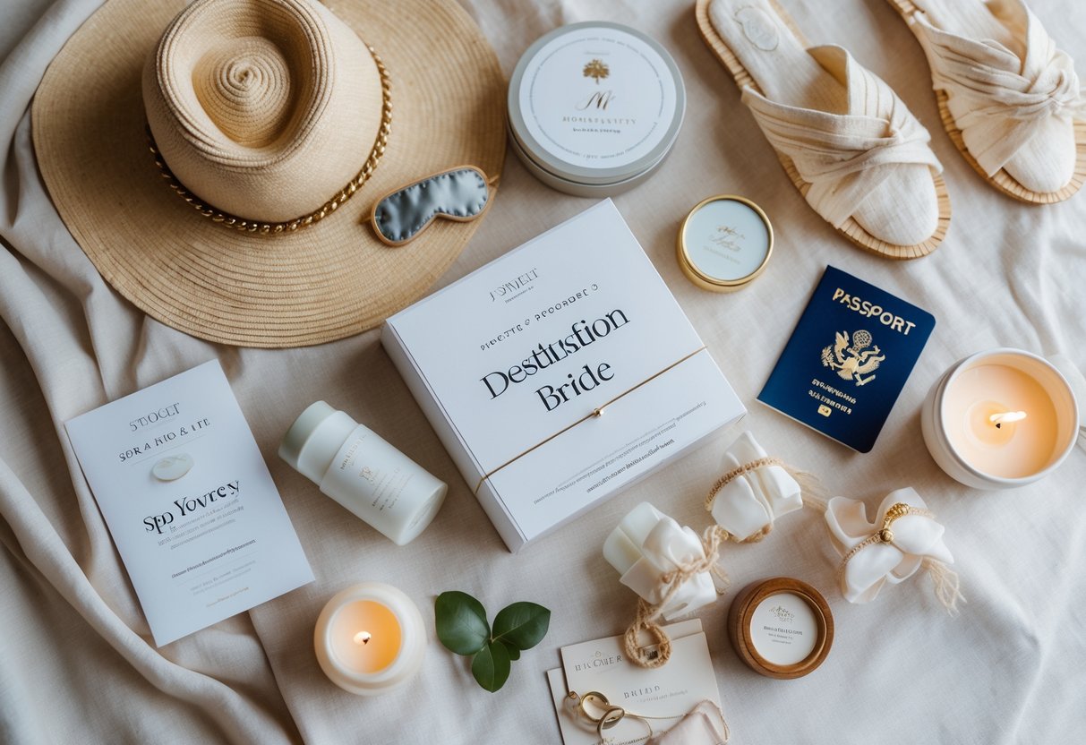 Flat lay of travel and pampering items for a bride, including a passport holder, eye mask, sun hat, skincare products, candles, and slippers on a soft fabric background.