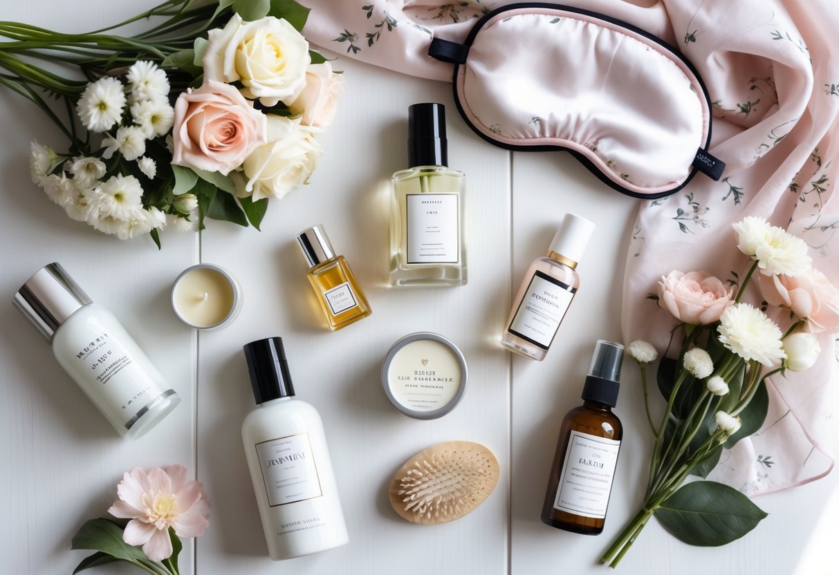 Flat lay of travel-sized beauty and self-care items including skincare bottles, perfume, eye mask, hairbrush, lip balm, a floral scarf, and fresh flowers arranged on a wooden surface.