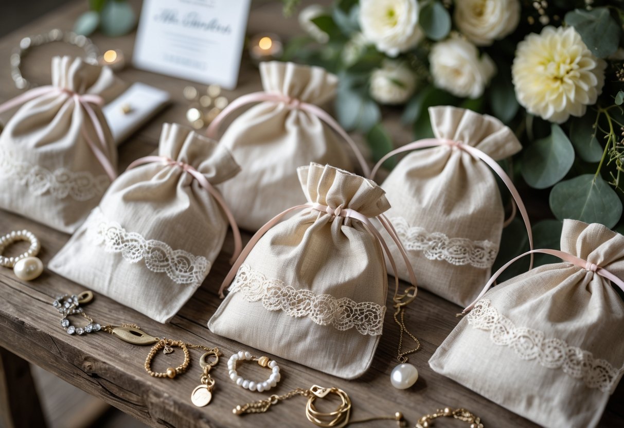 Flat lay of wedding welcome bags with delicate jewelry including bracelets, earrings, and necklaces on a wooden table surrounded by flowers.