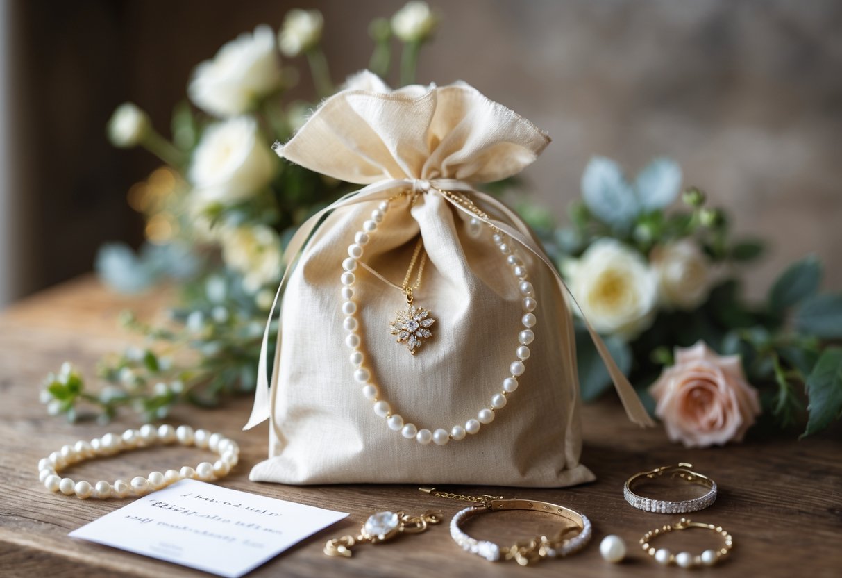 A wedding welcome bag on a wooden table surrounded by delicate jewelry pieces and fresh flowers.