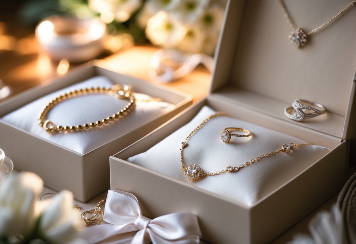 An arrangement of jewelry pieces including necklaces, bracelets, and rings displayed in gift boxes as part of wedding welcome bags.