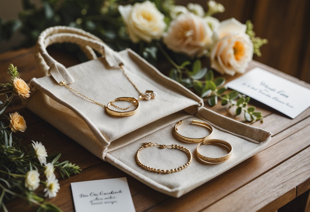 A wedding welcome bag on a wooden table with personalized jewelry pieces and wedding decorations nearby.