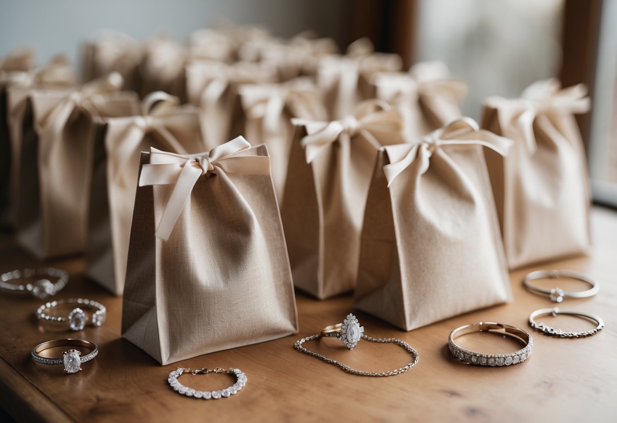 Wedding welcome bags arranged on a table with elegant jewelry pieces displayed beside them.