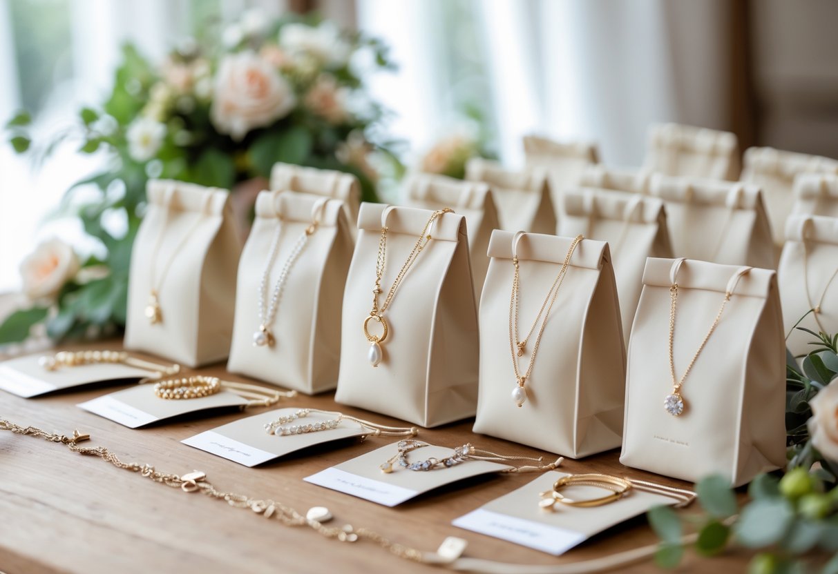 Wedding welcome bags on a wooden table, each containing different pieces of jewelry arranged with flowers and greenery.