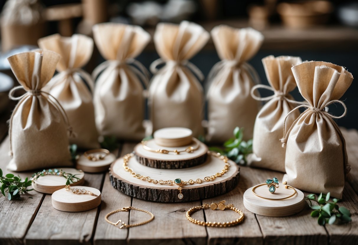 Handcrafted jewelry pieces arranged next to wrapped wedding welcome bags on a wooden table.