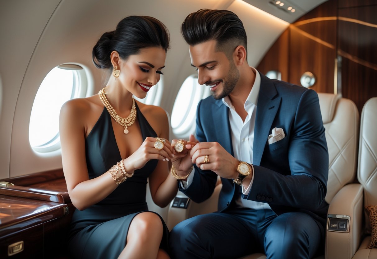 A stylish couple in an elegant private jet interior exchanging personalized jewelry, showcasing their close connection.