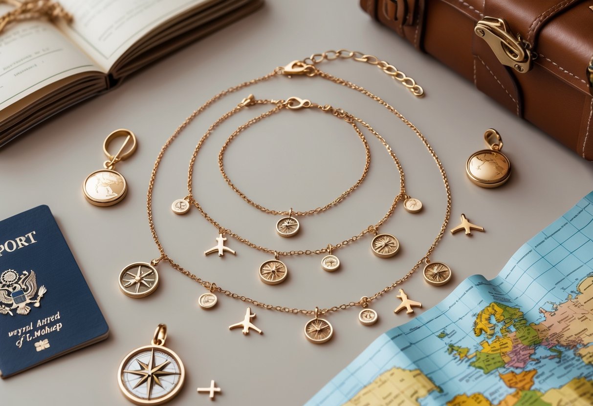 Close-up of travel-inspired jewelry with globe and airplane charms displayed alongside a passport, suitcase, and map.