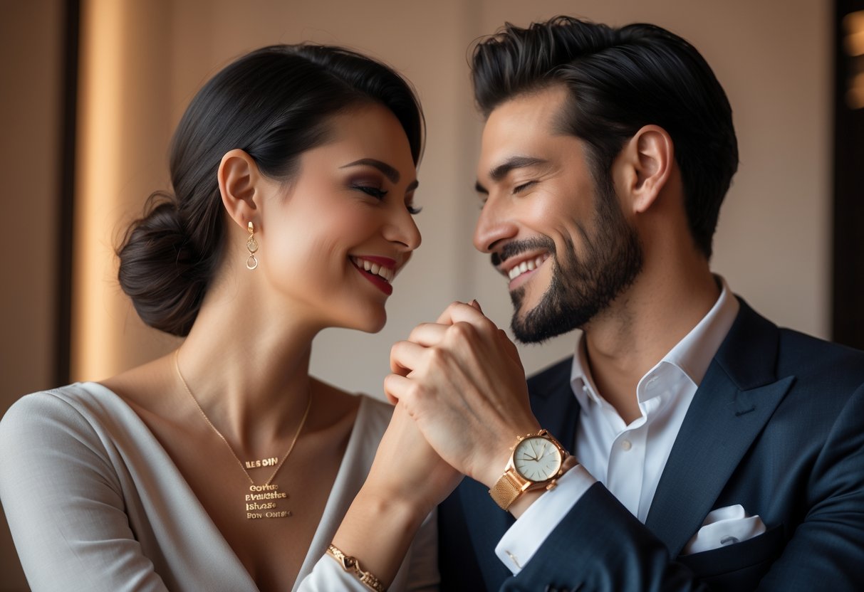 A stylish couple sharing a close moment while wearing elegant personalized jewelry in a modern setting.