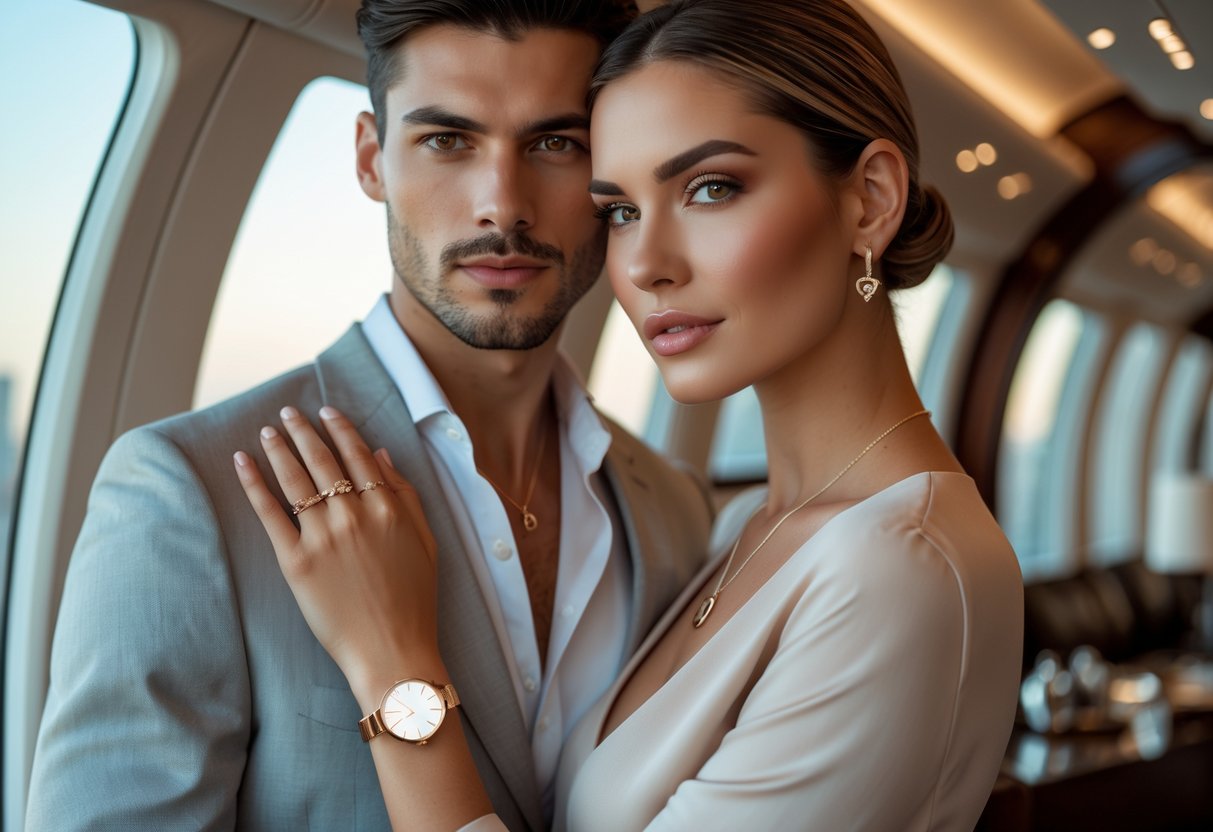 A stylish couple wearing elegant jewelry standing together in a luxurious city or travel setting.