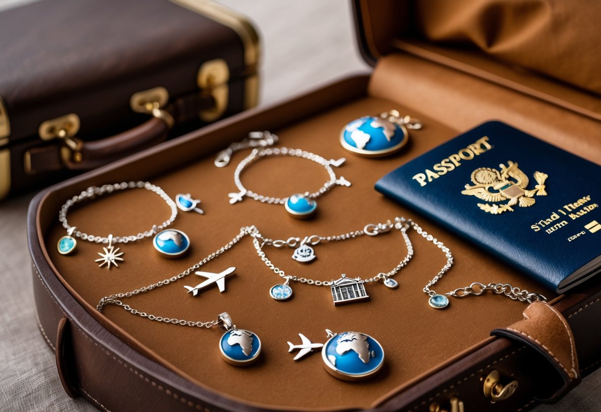 Close-up of elegant travel-inspired jewelry with miniature airplane and landmark charms displayed on a wooden surface with a vintage suitcase and passport holder in the background.