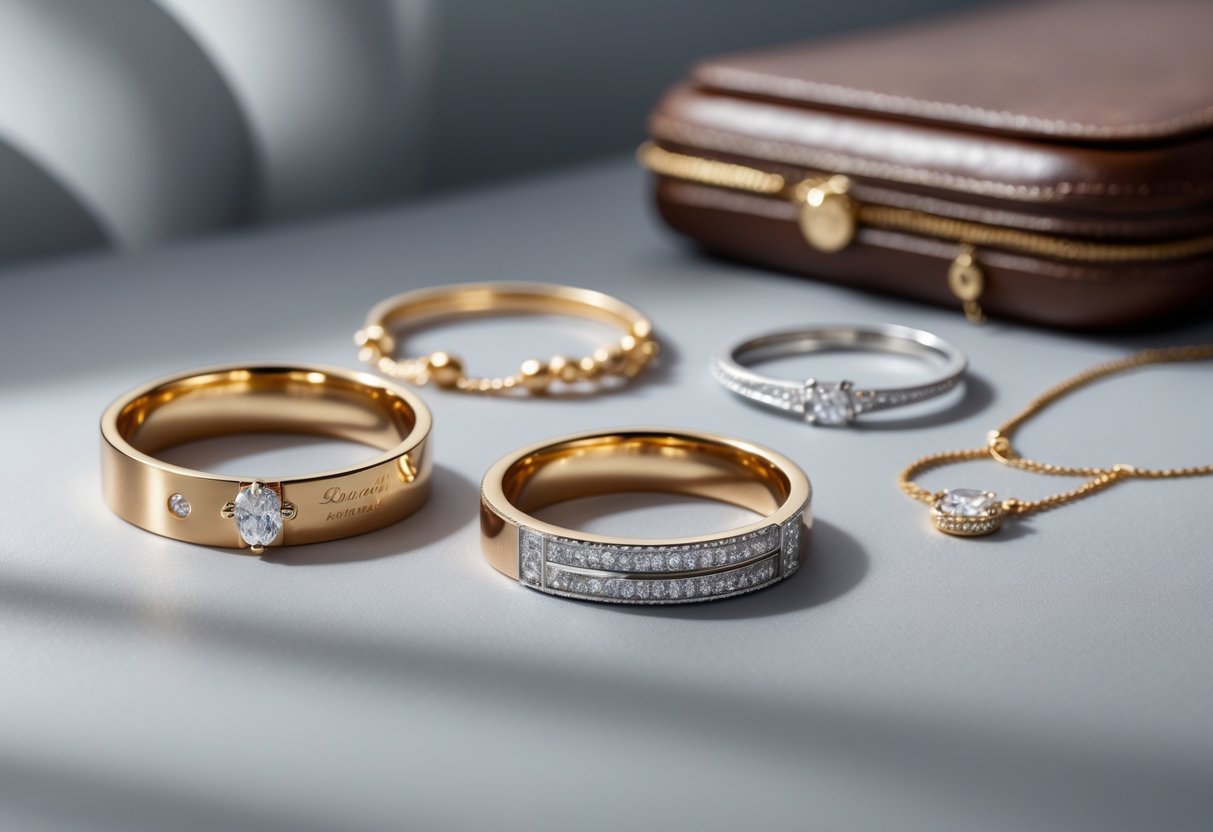 Close-up of luxury gold and platinum jewelry with gemstones displayed on a minimalist surface, with blurred travel accessories in the background.