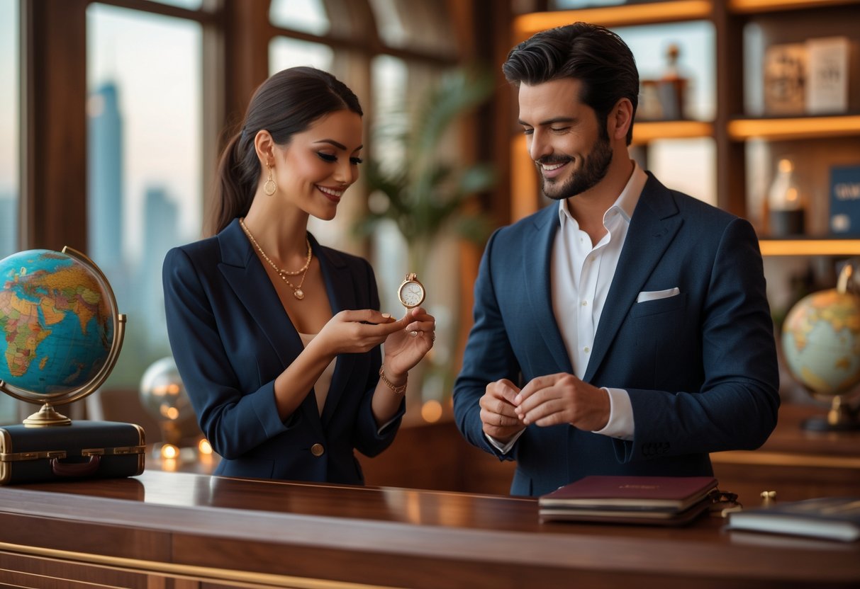 A stylish couple in a boutique examining a delicate necklace, with travel items nearby and a cityscape visible through the window.