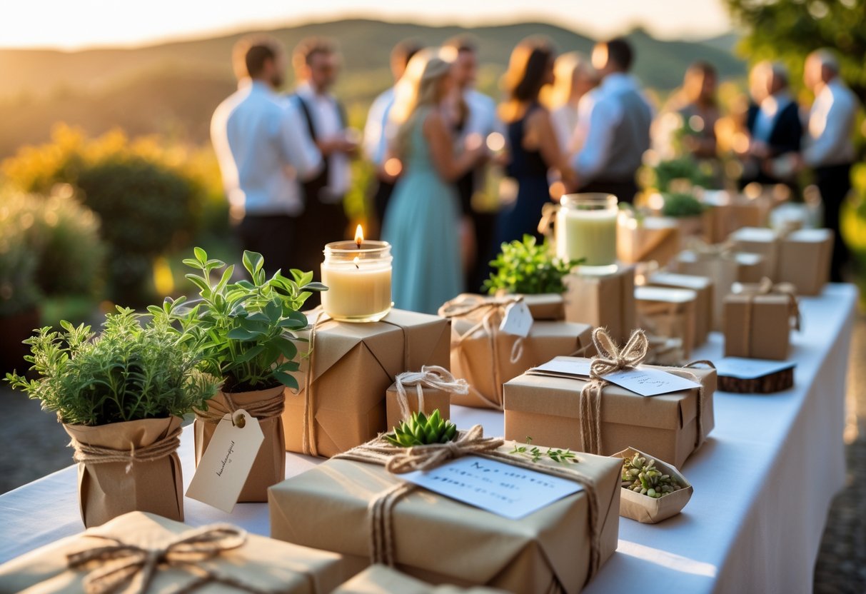 A table outdoors with neatly arranged wrapped gifts and keepsakes, with guests and a scenic background in soft focus.