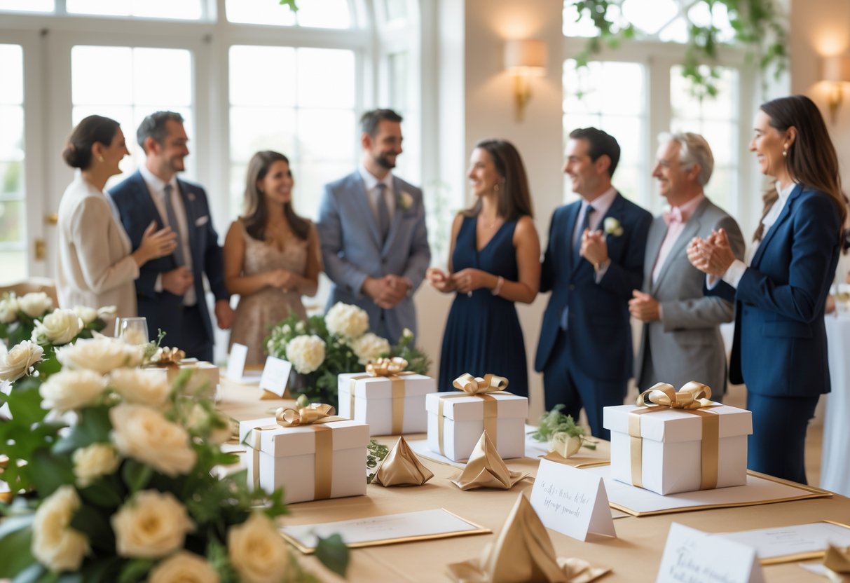 A group of smiling guests at a celebration with a table of wrapped gifts and thank-you notes arranged for them.