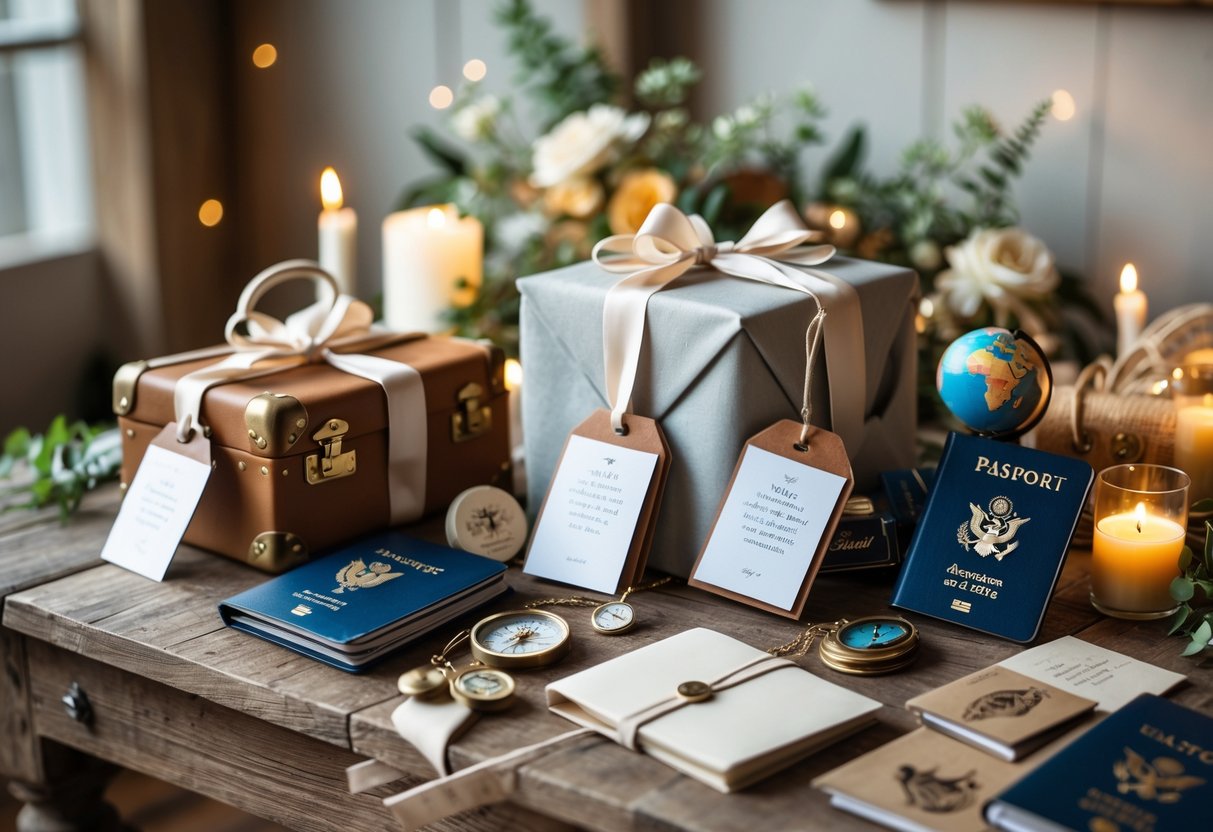 A table displaying personalized travel-themed gifts including wrapped boxes, luggage tags, travel journals, and small keepsakes with a festive background.