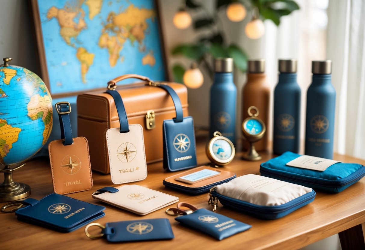 A collection of travel-themed practical gifts including luggage tags, passport holders, travel organizers, and a small globe arranged on a wooden table.