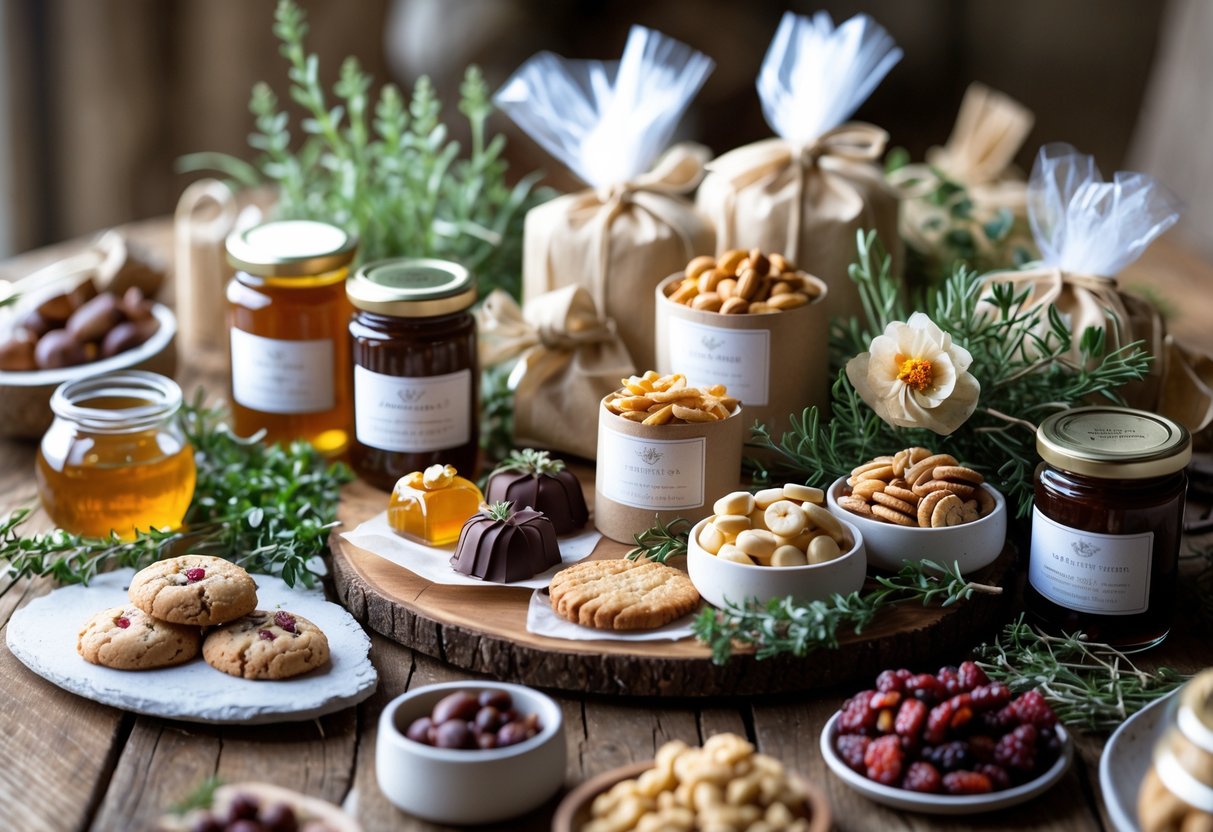 A variety of gourmet edible gifts including chocolates, jars of honey and jam, cookies, nuts, and dried fruits arranged on a wooden table with fresh herbs and flowers.