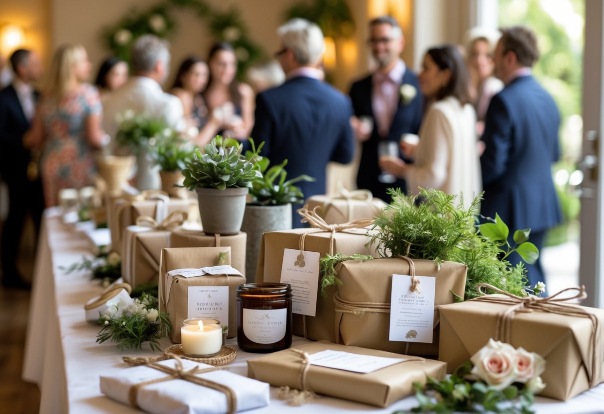 A gift table with wrapped experience-based presents and guests socializing in the background at a celebration.