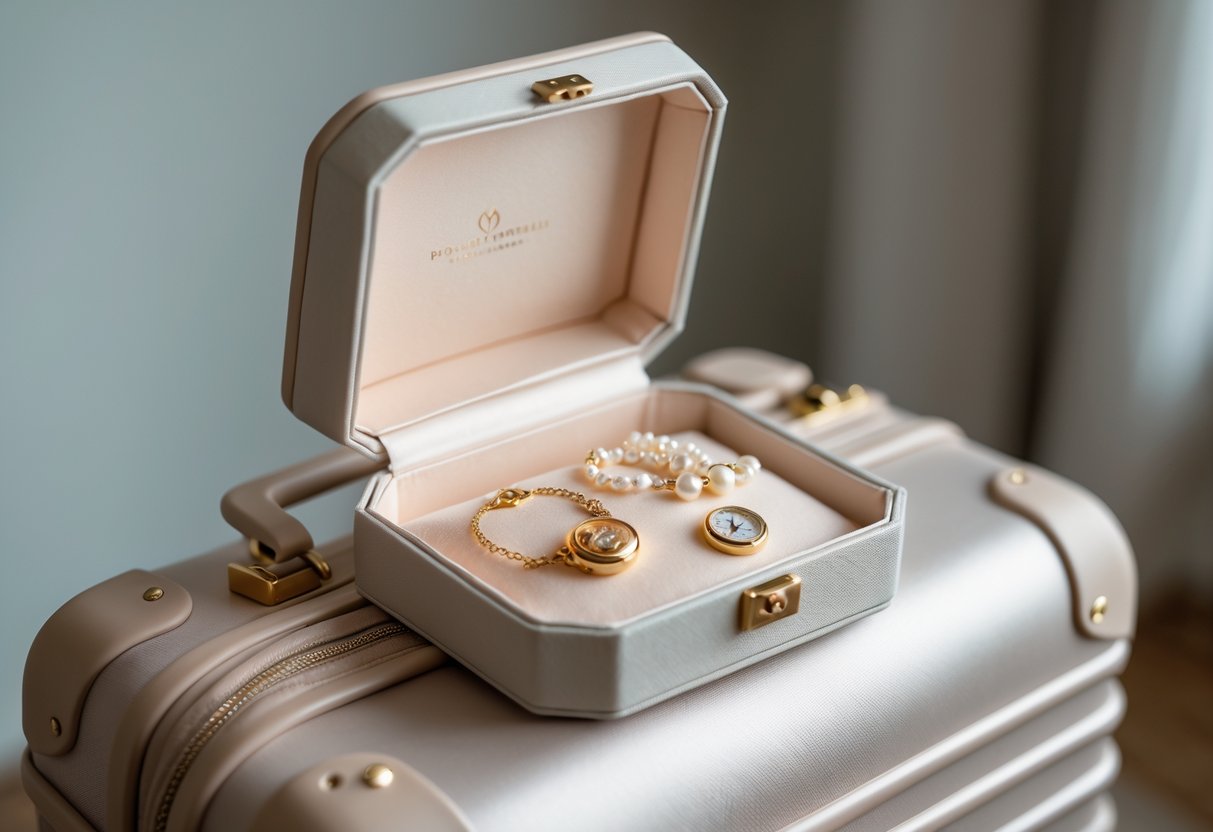A jewelry box with keepsake jewelry resting on a carry-on suitcase.