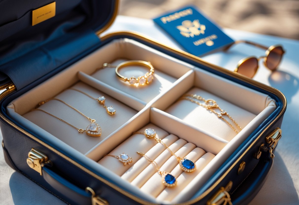 Close-up of keepsake jewelry inside an open carry-on suitcase with travel items blurred in the background.
