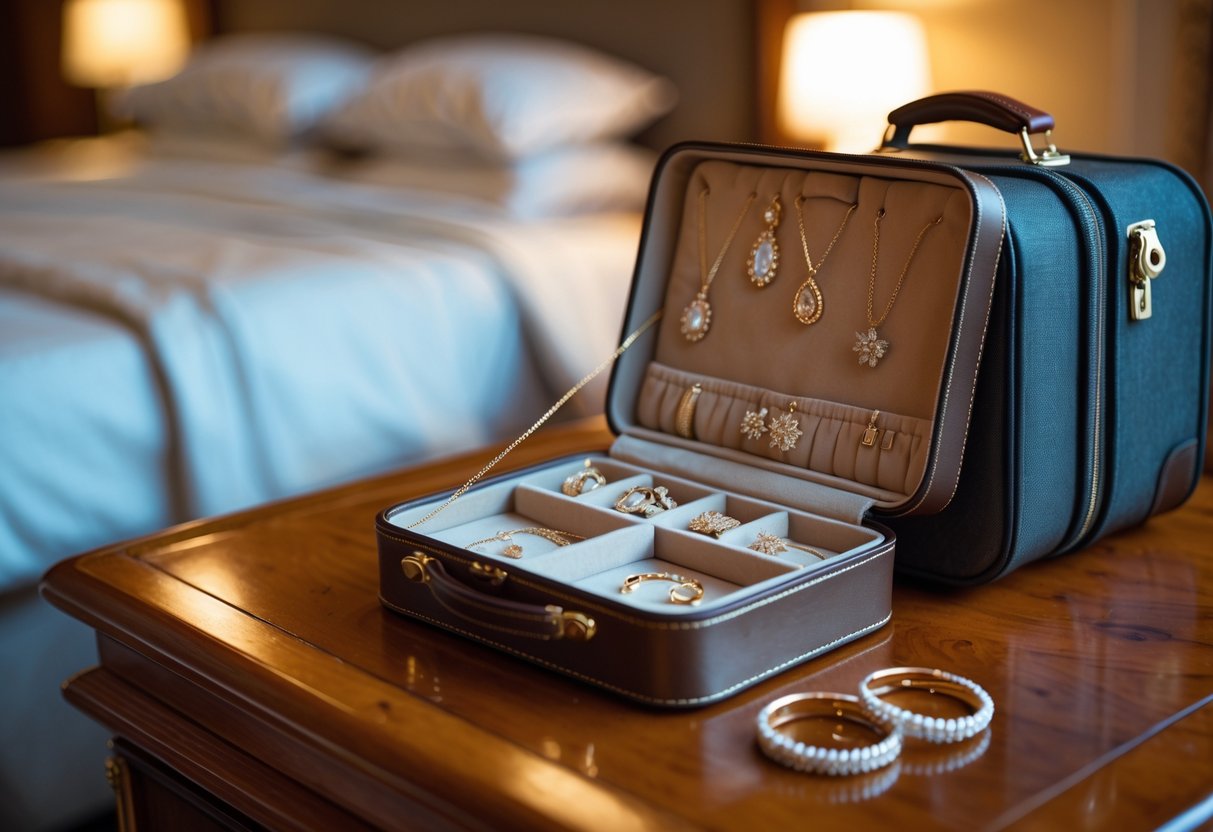 An open travel jewelry case with organized jewelry next to a packed carry-on suitcase on a wooden surface.